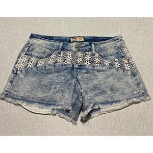 lei Ashley Shorts Juniors 9 Denim Blue Acid‎ Wash Crochet Lace Trim Frayed Hem